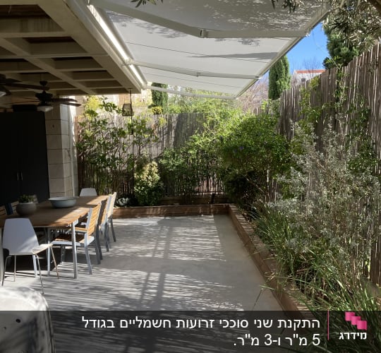 סוכך זרועות מתקפל בצבע לבן מתוח מעל פינת ישיבה בחצר